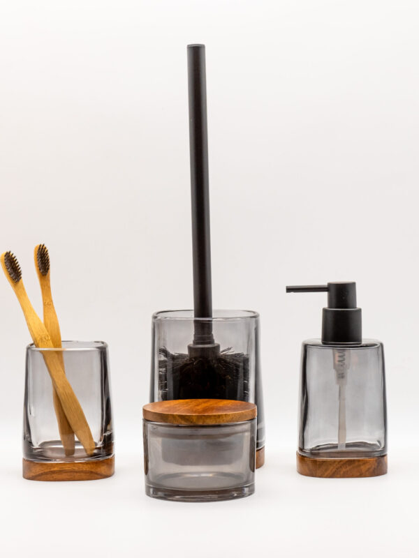 Set d'Accessoires de Salle de Bain en Verre Fumé et Bois