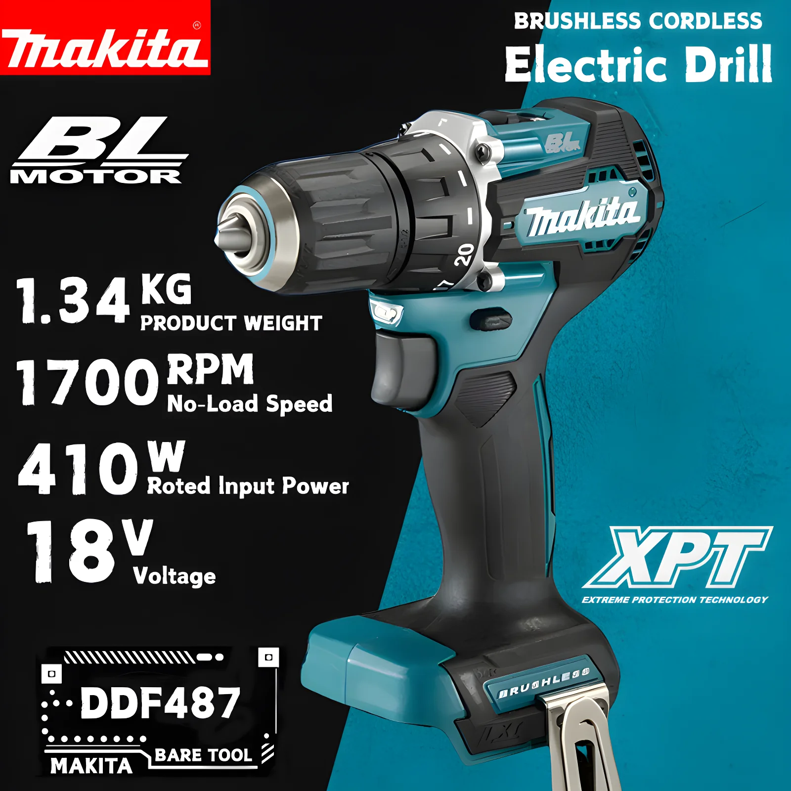 Makita DDF487 Perceuse-visseuse sans fil 18V sans balais, compacte, couple élevé, vitesse variable, outil électrique pour le travail du bois, compatible avec les batteries Makita